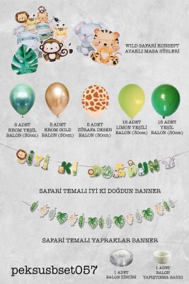 Safari Doğum Günü Parti Paketi Yeşil Gold Balon Zinciri Safari Ayaklı Pano ve Banner Set - 2