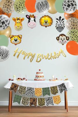 Safari Doğum Günü Parti Seti Balon Zinciri Flama Seti Hayvan Kafa Balonlar