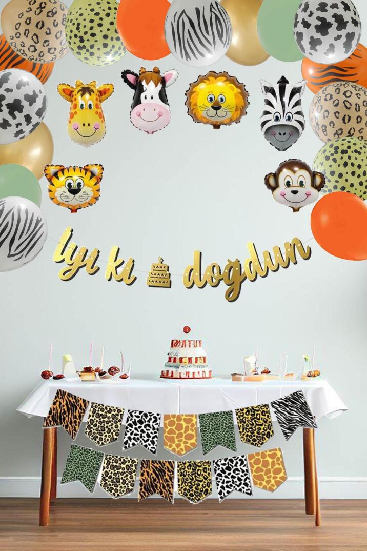 Safari Doğum Günü Parti Seti Balon Zinciri İyi Ki Doğdun Flama Seti Hayvan Kafa Balonlar - 1