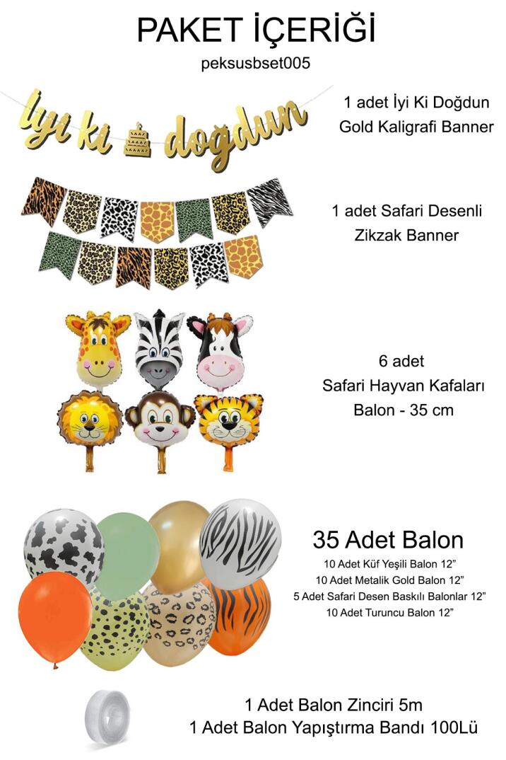 Safari Doğum Günü Parti Seti Balon Zinciri İyi Ki Doğdun Flama Seti Hayvan Kafa Balonlar - 2