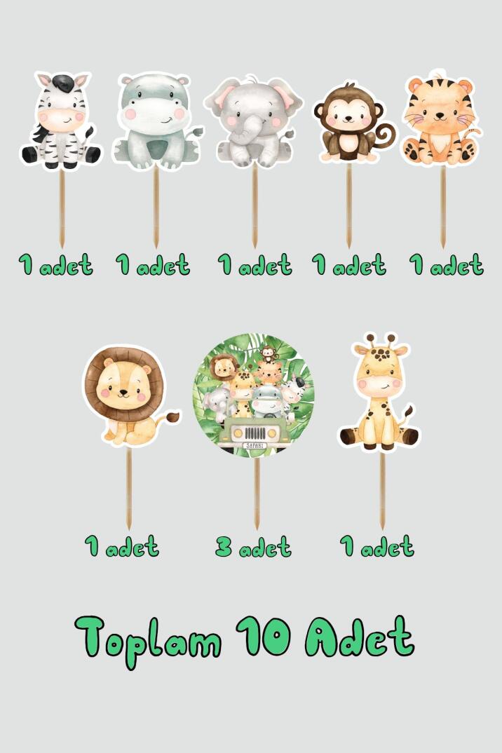 Safari Konsept Kürdan Süsleri Cupcake Süsleri Lüks Büyük Boy 10lu Paket - 3