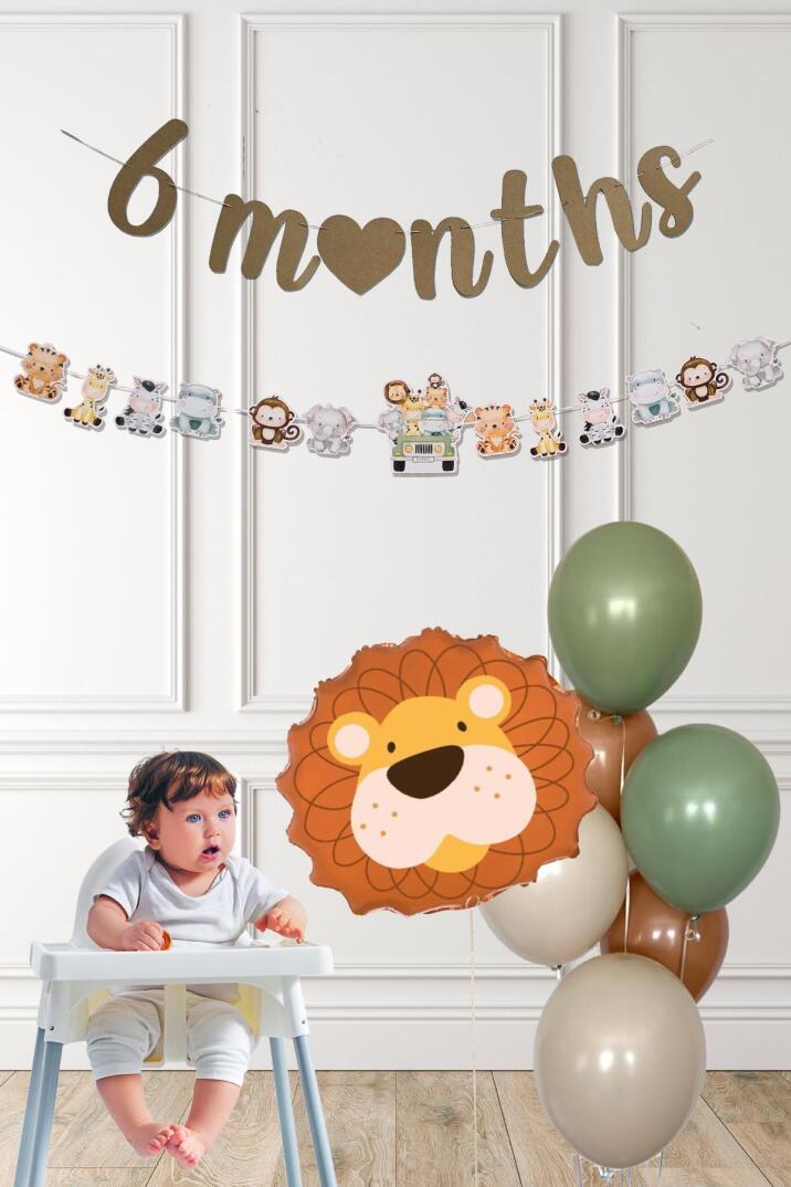 Safari Tema Aslan Balonlu 6 Aylık Yarım Yaş Partisi Balon Zinciri Seti 6 Months Bannerlı - 1