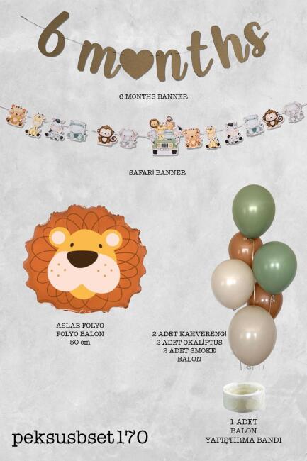 Safari Tema Aslan Balonlu 6 Aylık Yarım Yaş Partisi Balon Zinciri Seti 6 Months Bannerlı - 2