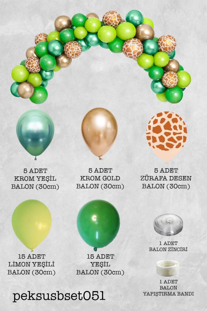 Safari Tema Doğum Günü Balon Zinciri Lüks Krom Yeşil Gold Zürafa Desen Balon 47 Parça - 2