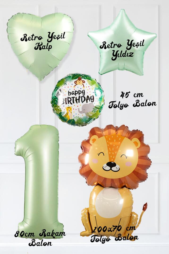 Safari Tema Doğum Günü Yaş Balonlu Retro Yeşil Safari Balonları Sevimli Aslan Balonlu Set - 2