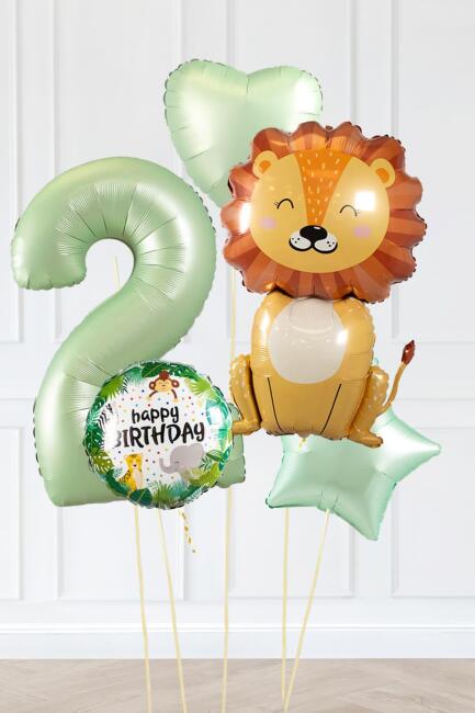 Safari Tema Doğum Günü Yaş Balonlu Retro Yeşil Safari Balonları Sevimli Aslan Balonlu Set - 3