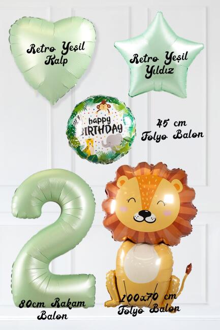 Safari Tema Doğum Günü Yaş Balonlu Retro Yeşil Safari Balonları Sevimli Aslan Balonlu Set - 4