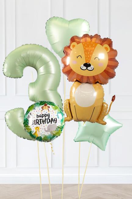 Safari Tema Doğum Günü Yaş Balonlu Retro Yeşil Safari Balonları Sevimli Aslan Balonlu Set - 5