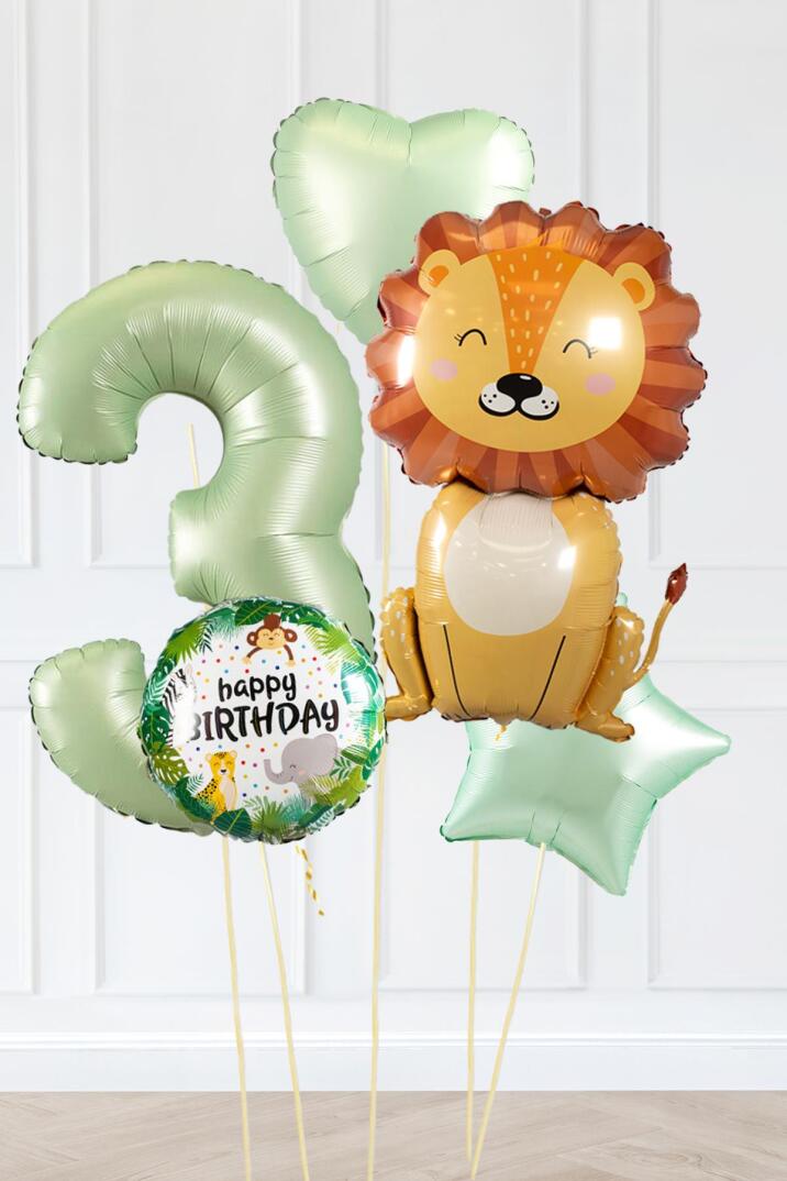Safari Tema Doğum Günü Yaş Balonlu Retro Yeşil Safari Balonları Sevimli Aslan Balonlu Set - 5