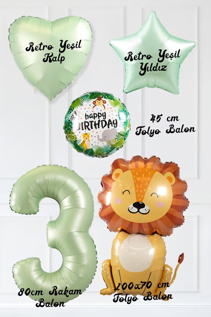 Safari Tema Doğum Günü Yaş Balonlu Retro Yeşil Safari Balonları Sevimli Aslan Balonlu Set - 6