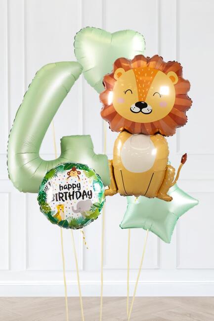 Safari Tema Doğum Günü Yaş Balonlu Retro Yeşil Safari Balonları Sevimli Aslan Balonlu Set - 7