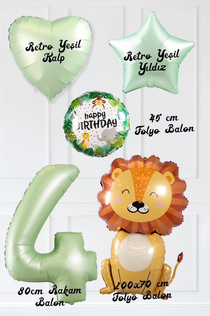 Safari Tema Doğum Günü Yaş Balonlu Retro Yeşil Safari Balonları Sevimli Aslan Balonlu Set - 8