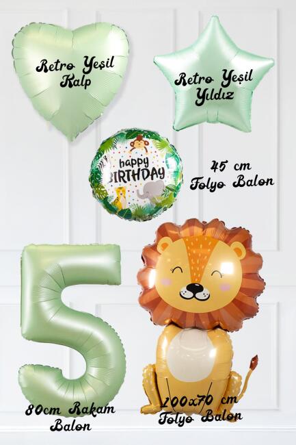 Safari Tema Doğum Günü Yaş Balonlu Retro Yeşil Safari Balonları Sevimli Aslan Balonlu Set - 10