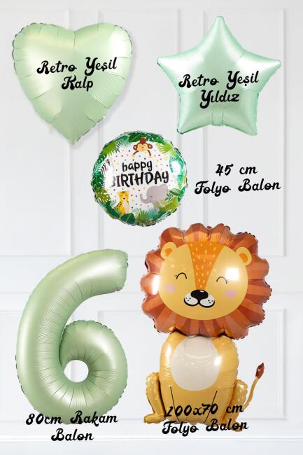 Safari Tema Doğum Günü Yaş Balonlu Retro Yeşil Safari Balonları Sevimli Aslan Balonlu Set - 12