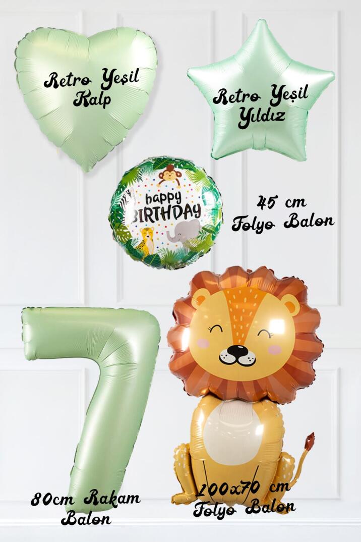 Safari Tema Doğum Günü Yaş Balonlu Retro Yeşil Safari Balonları Sevimli Aslan Balonlu Set - 14