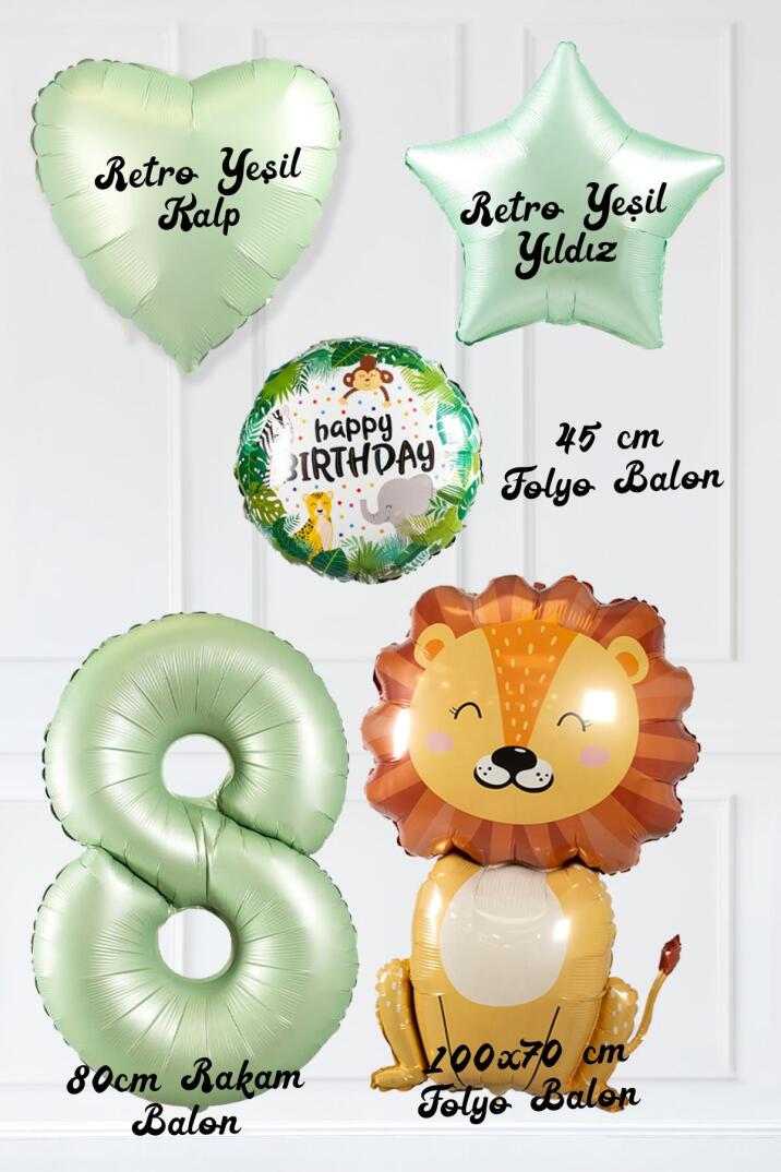 Safari Tema Doğum Günü Yaş Balonlu Retro Yeşil Safari Balonları Sevimli Aslan Balonlu Set - 16