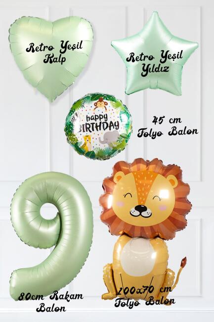 Safari Tema Doğum Günü Yaş Balonlu Retro Yeşil Safari Balonları Sevimli Aslan Balonlu Set - 18