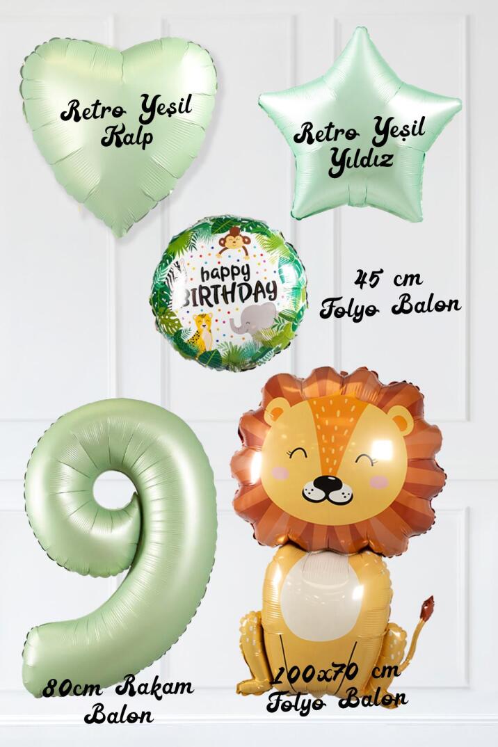 Safari Tema Doğum Günü Yaş Balonlu Retro Yeşil Safari Balonları Sevimli Aslan Balonlu Set - 18