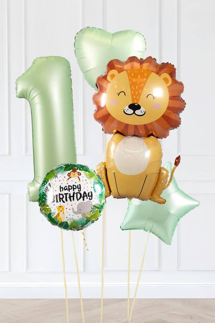 Safari Tema Doğum Günü Yaş Balonlu Retro Yeşil Safari Balonları Sevimli Aslan Balonlu Set - 1