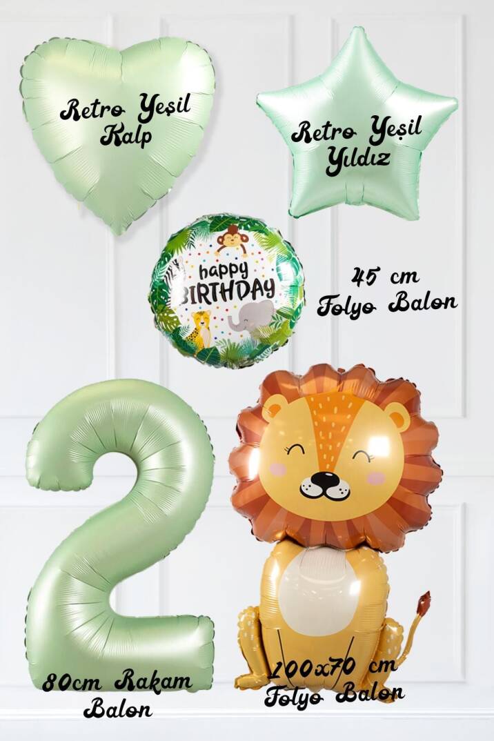 Safari Tema Doğum Günü Yaş Balonlu Retro Yeşil Safari Balonları Sevimli Aslan Balonlu Set - 4