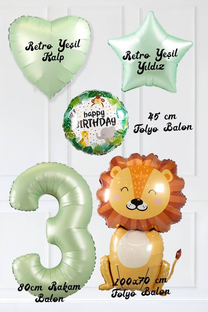 Safari Tema Doğum Günü Yaş Balonlu Retro Yeşil Safari Balonları Sevimli Aslan Balonlu Set - 6