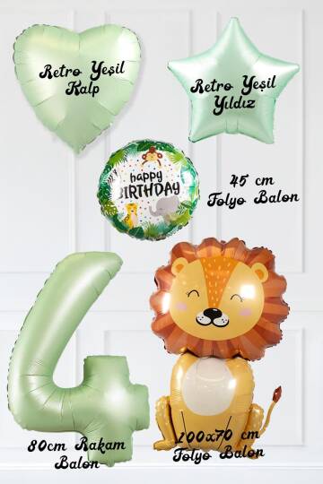 Safari Tema Doğum Günü Yaş Balonlu Retro Yeşil Safari Balonları Sevimli Aslan Balonlu Set - 8