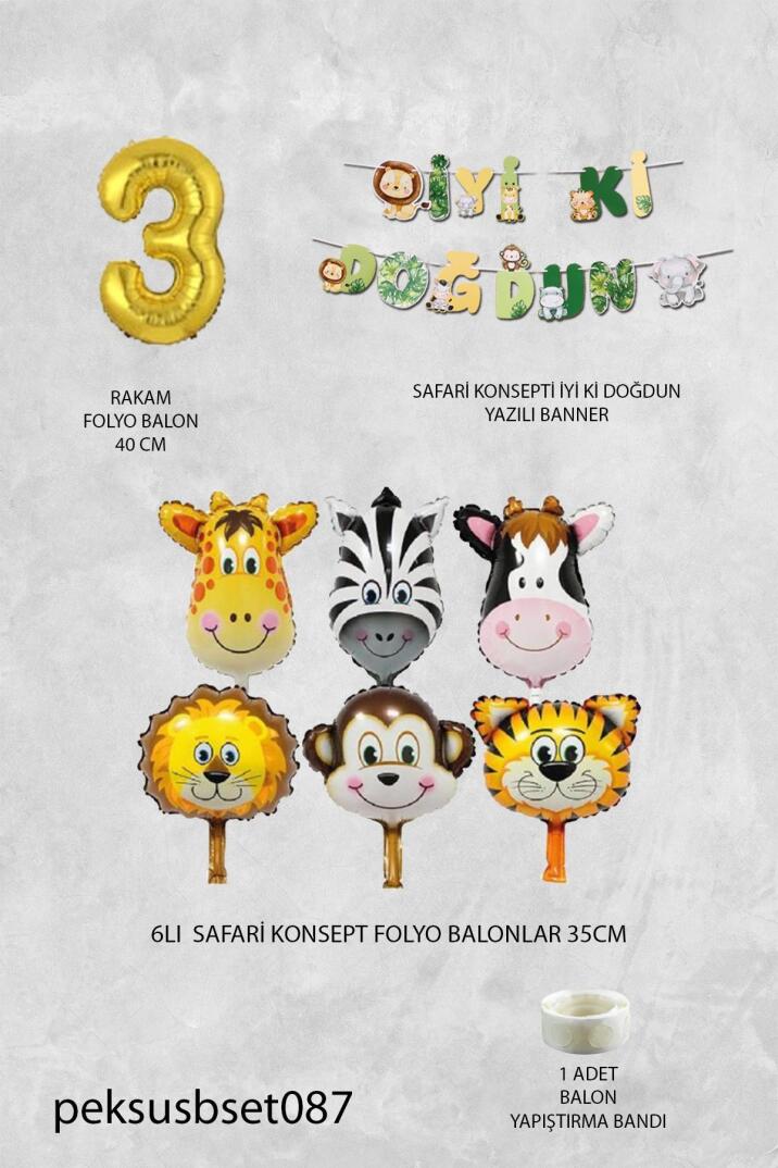 Safari Temalı Doğum Günü Parti Seti Yaş Balonlu Bannerlı Doğum Günü Süsleme Seti - 6