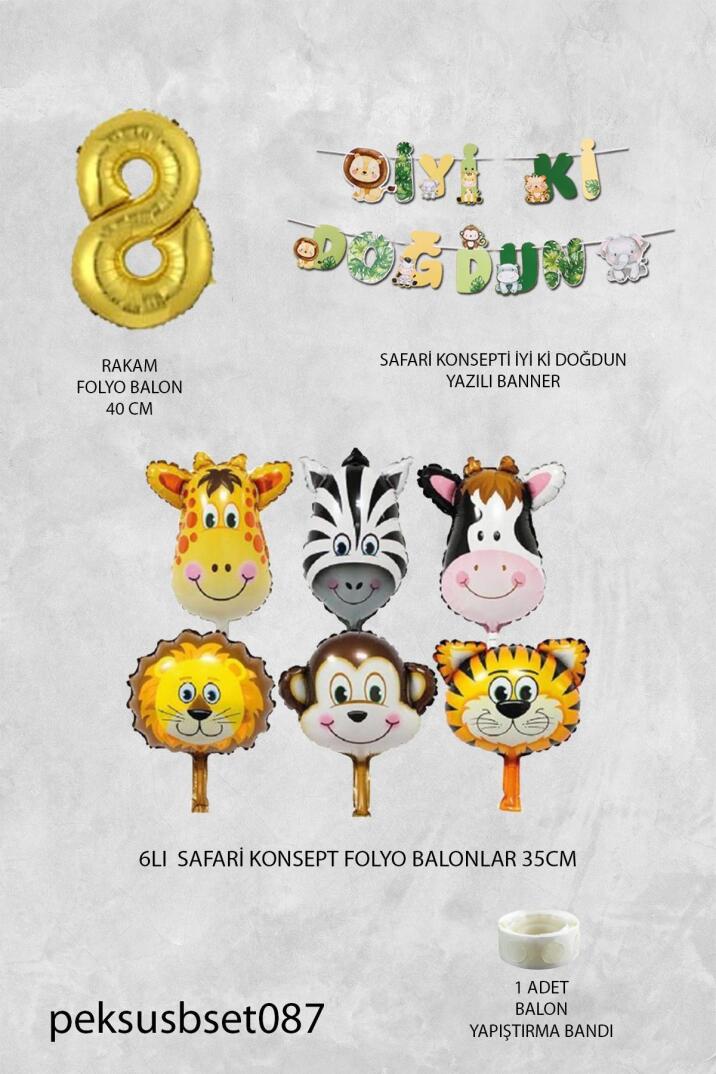 Safari Temalı Doğum Günü Parti Seti Yaş Balonlu Bannerlı Doğum Günü Süsleme Seti - 16