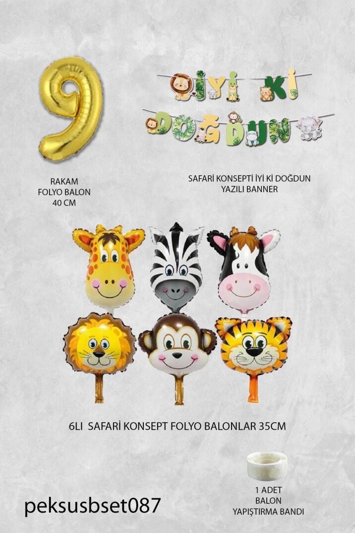 Safari Temalı Doğum Günü Parti Seti Yaş Balonlu Bannerlı Doğum Günü Süsleme Seti - 18