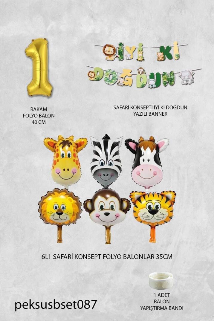 Safari Temalı Doğum Günü Parti Seti Yaş Balonlu Bannerlı Doğum Günü Süsleme Seti - 3