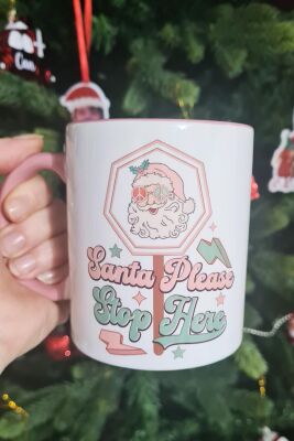 Santa Please Stop Here Tasarım Yılbaşı Hediyesi Pembe Kupa Bardak - 1