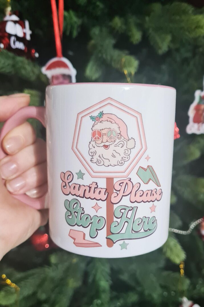 Santa Please Stop Here Tasarım Yılbaşı Hediyesi Pembe Kupa Bardak - 1