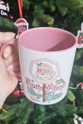 Santa Please Stop Here Tasarım Yılbaşı Hediyesi Pembe Kupa Bardak - 2