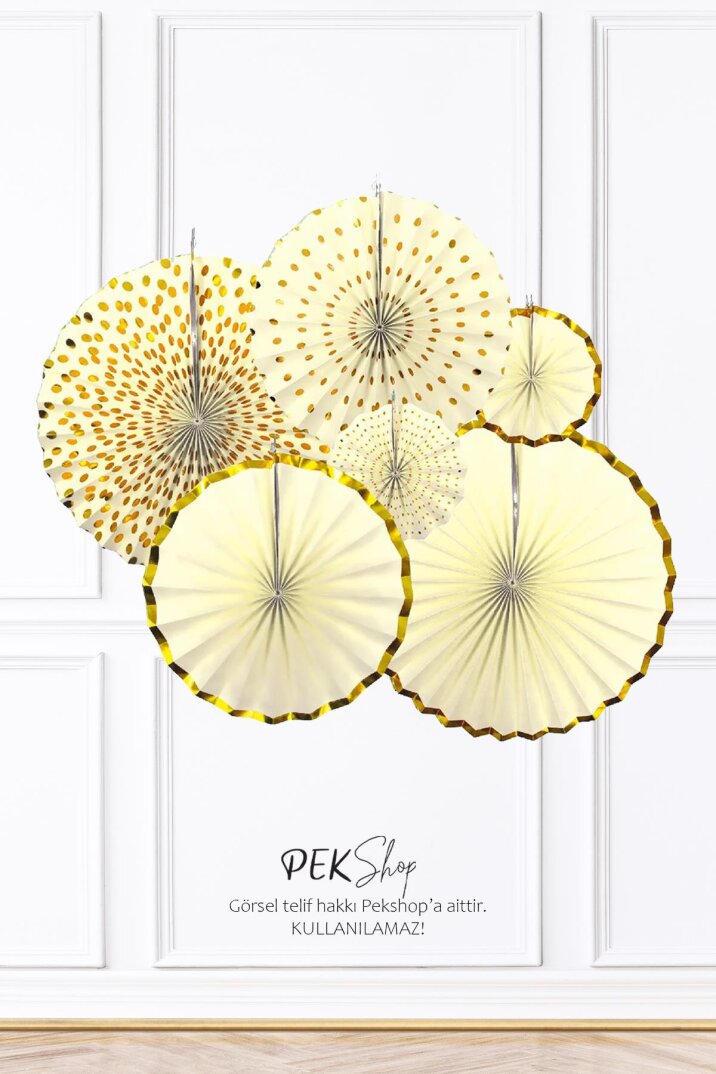 Sarı Gold Yaldızlı Yelpaze Süs Seti 6lı Fan Duvar Süsü Sarı Gold Varaklı 6lı Arkalı Önlü - 1