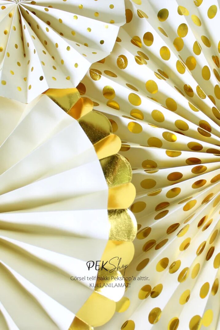 Sarı Gold Yaldızlı Yelpaze Süs Seti 6lı Fan Duvar Süsü Sarı Gold Varaklı 6lı Arkalı Önlü - 2