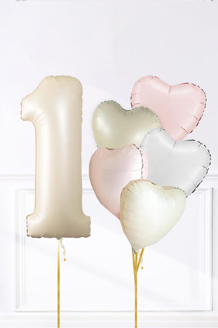 Saten Pembe Beyaz Retro Krem Renkler Kalp ve Yaş Rakamlı Doğum Günü Balon Seti - 1