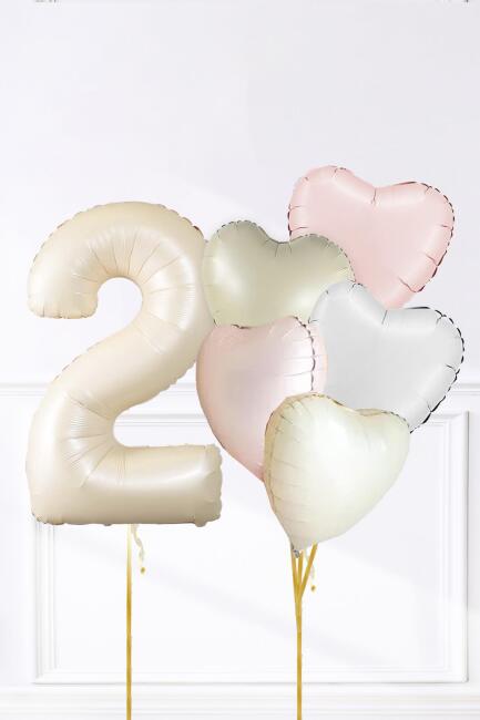 Saten Pembe Beyaz Retro Krem Renkler Kalp ve Yaş Rakamlı Doğum Günü Balon Seti - 3