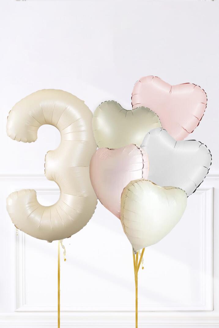 Saten Pembe Beyaz Retro Krem Renkler Kalp ve Yaş Rakamlı Doğum Günü Balon Seti - 5