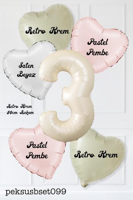 Saten Pembe Beyaz Retro Krem Renkler Kalp ve Yaş Rakamlı Doğum Günü Balon Seti - 6