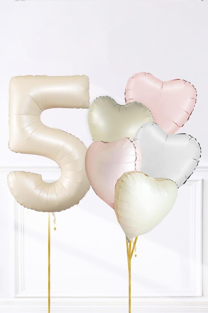 Saten Pembe Beyaz Retro Krem Renkler Kalp ve Yaş Rakamlı Doğum Günü Balon Seti - 9