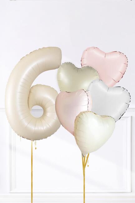 Saten Pembe Beyaz Retro Krem Renkler Kalp ve Yaş Rakamlı Doğum Günü Balon Seti - 11