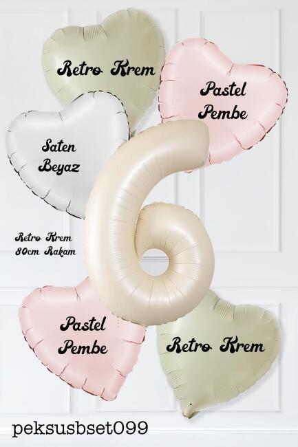 Saten Pembe Beyaz Retro Krem Renkler Kalp ve Yaş Rakamlı Doğum Günü Balon Seti - 12
