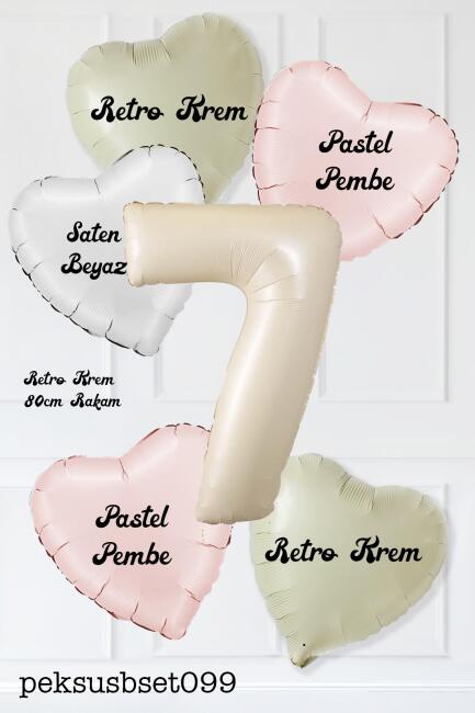 Saten Pembe Beyaz Retro Krem Renkler Kalp ve Yaş Rakamlı Doğum Günü Balon Seti - 14