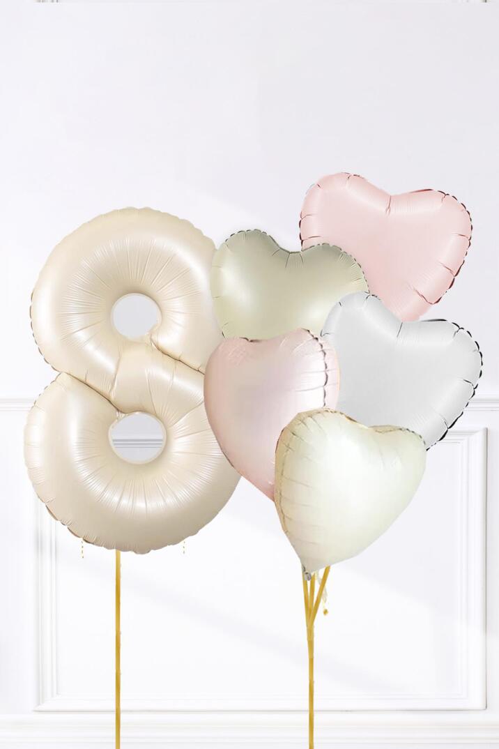Saten Pembe Beyaz Retro Krem Renkler Kalp ve Yaş Rakamlı Doğum Günü Balon Seti - 15