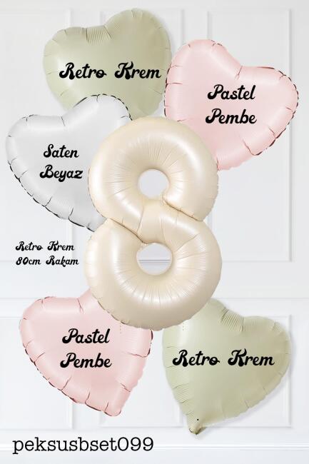 Saten Pembe Beyaz Retro Krem Renkler Kalp ve Yaş Rakamlı Doğum Günü Balon Seti - 16