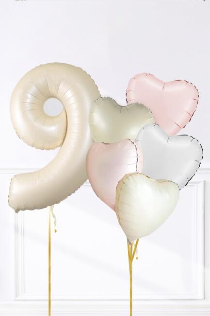 Saten Pembe Beyaz Retro Krem Renkler Kalp ve Yaş Rakamlı Doğum Günü Balon Seti - 17