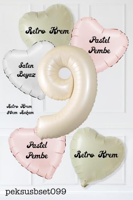 Saten Pembe Beyaz Retro Krem Renkler Kalp ve Yaş Rakamlı Doğum Günü Balon Seti - 18