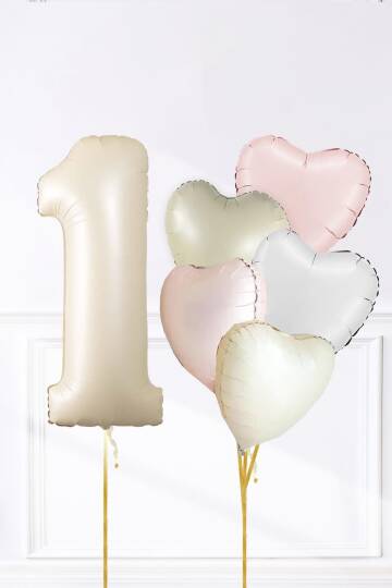 Saten Pembe Beyaz Retro Krem Renkler Kalp ve Yaş Rakamlı Doğum Günü Balon Seti - 1