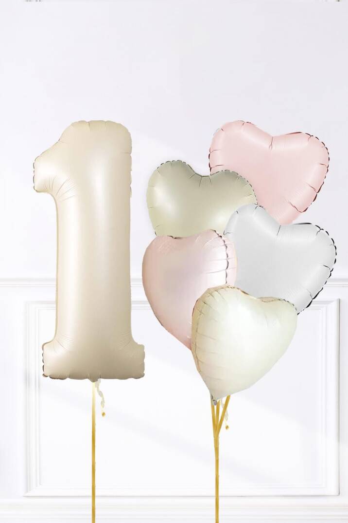 Saten Pembe Beyaz Retro Krem Renkler Kalp ve Yaş Rakamlı Doğum Günü Balon Seti - 1