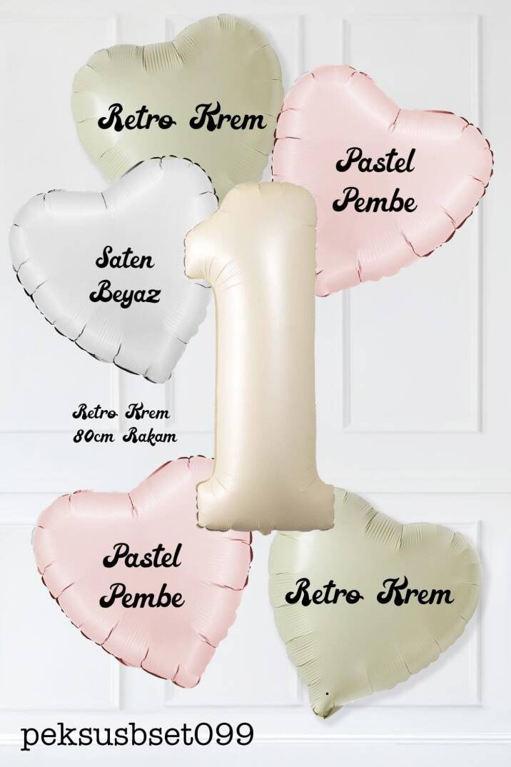 Saten Pembe Beyaz Retro Krem Renkler Kalp ve Yaş Rakamlı Doğum Günü Balon Seti - 2